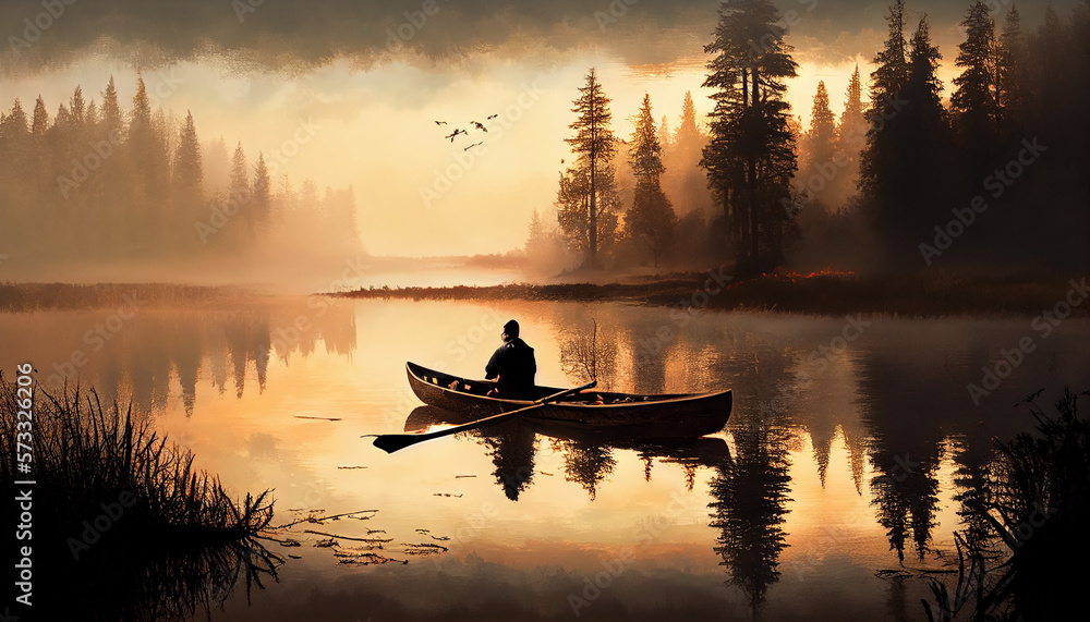 A man in a canoe on a misty lake at sunset, generative ai