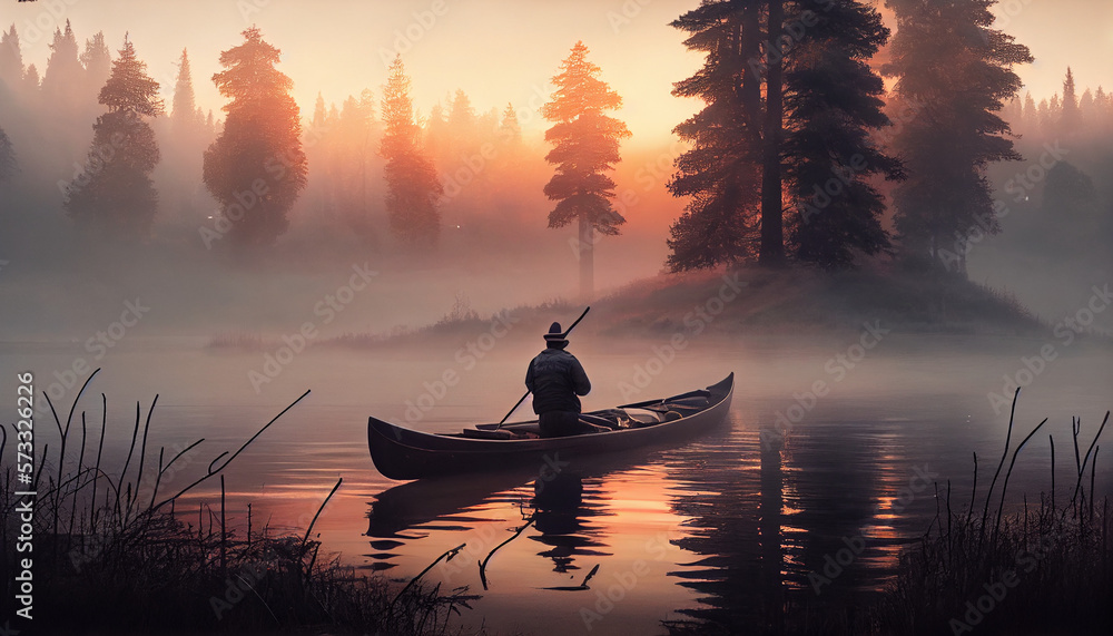 A man in a canoe on a misty lake at sunset, generative ai A man in a canoe on a misty lake at sunset, generative ai