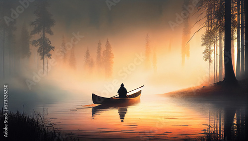 Photographie A man in a canoe on a misty lake at sunset, generative ai