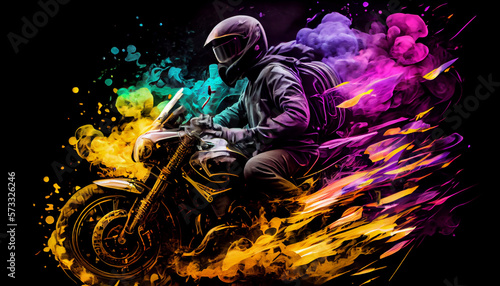 A man riding motorcycle in colorful smoke, generative ai photo