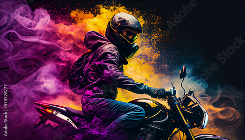 A man riding motorcycle in colorful smoke, generative ai