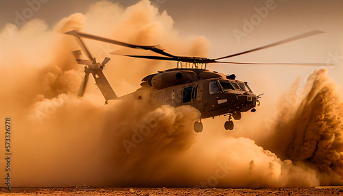 Army helicopter landing in desert with full of sand around, generative ai
