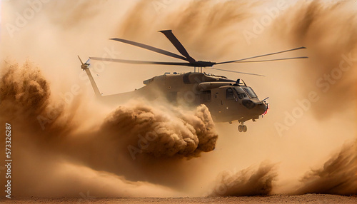 Army helicopter landing in desert with full of sand around, generative ai photo