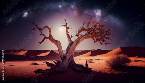 Dry tree in the middle of desert under the stars and milky way, generative ai