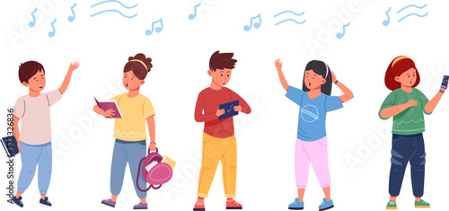 Child singers. Kids singing song, children have voice for school choir, boy and girl sing dance on stage performance, happy kid friends music activities cartoon vector illustration