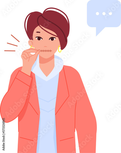 Girl keep secret. Woman with zipped mouth, dont talk gossip or rumor concept, girls keeping silence calm quiet lady show privacy communication gesture, cartoon vector illustration