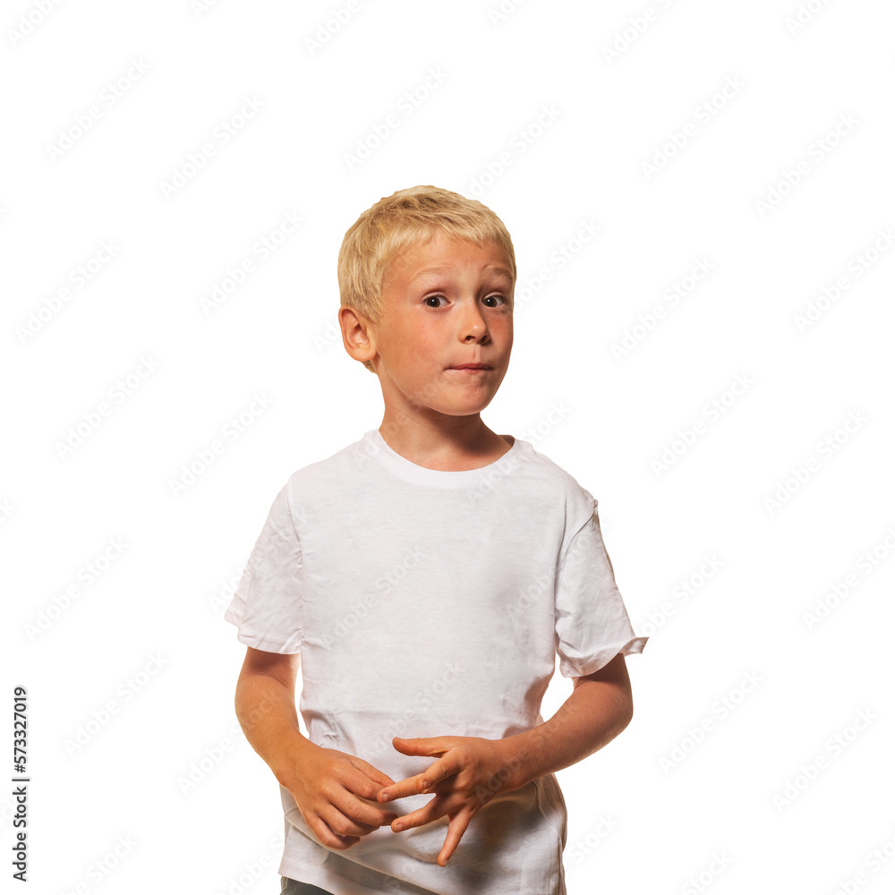 portrait of a small blond boy with emotions on his face in a white T-shirt. isolated on white. portrait of a small blond boy with emotions on his face in a white T-shirt. isolated on white.