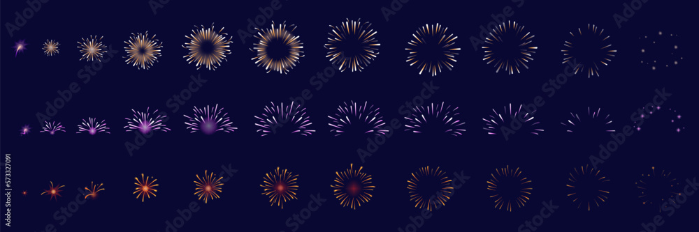 Firework animation. Fireworks sequence set, gathering light particle  firecracker explosion effect, christmas holiday pyrotechnic burst up 2d  sprite sheet, neat vector illustration Stock-Vektorgrafik | Adobe Stock