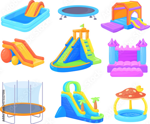 Inflatable playgrounds. Bouncy slides and inflated castles for birthday friends air attraction park, rubber toys house or pool child jumping bouncer game, neat vector illustration