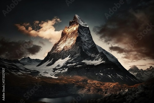 Peak of the matterhorn mountain in the middle of switzerland, Epic dramatic sky, Generative AI