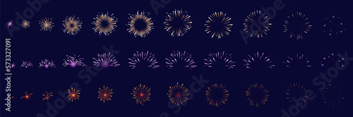 Firework animation. Fireworks sequence set, gathering light particle firecracker explosion effect, christmas holiday pyrotechnic burst up 2d sprite sheet, neat vector illustration