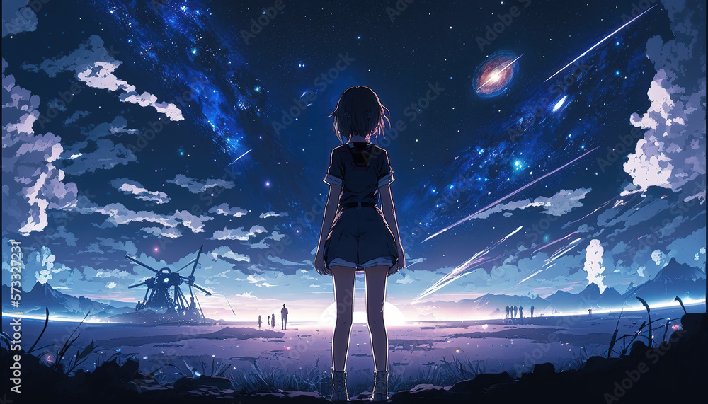 an attractive beautiful anime girl standing lonely and watching the universe, scifi art, generative ai technology - obrazy, fototapety, plakaty 