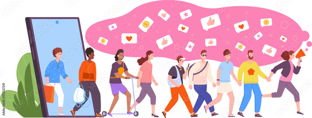 Mobile referral program. People walking from phone refer a friend concept, recommend loyalty customer marketing banner online affiliate invite friends, splendid vector illustration Mobile referral program. People walking from phone refer a friend concept, recommend loyalty customer marketing banner online affiliate invite friends, splendid vector illustration