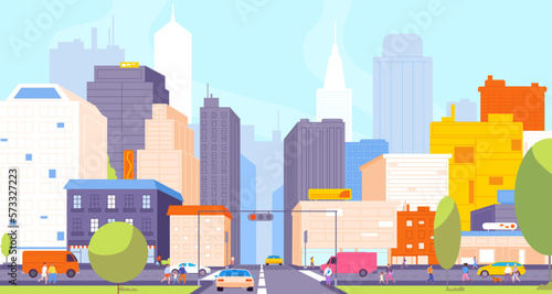 Panoramic city crossroads. City street moving road scene, road junction in downtown panorama town houses outside office buildings skyline background, splendid vector illustration