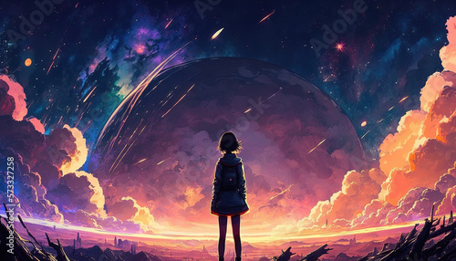 an impressive epic inspired landscape scene with a girl standing in front of the universe  watching the planet  generative ai technology