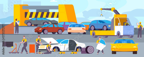 Car junkyard. Recycling metal scrap abandoned cars, dismantling old rusty auto junk, scrapyard trash vehicle dump mechanics parts smashed automobile, splendid vector illustration