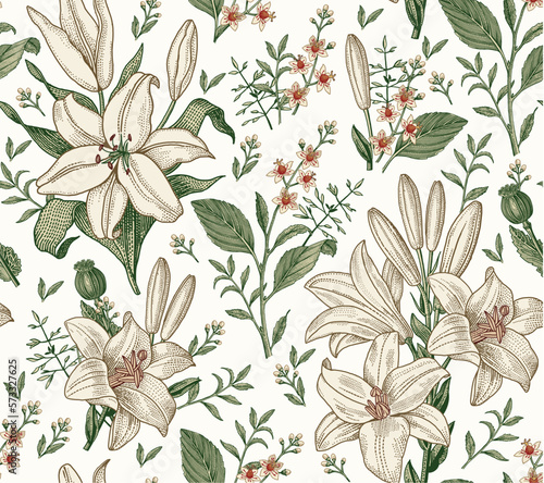 Seamless pattern Lily Lilia wildflowers set. Beautiful blooming realistic isolated flowers. Vintage retro background fabric. Wallpaper baroque. Drawing engraving sketch. Vector victorian illustration