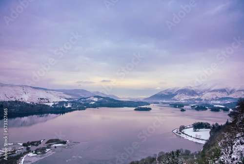 View down Derwentwater on a snowy January day photo