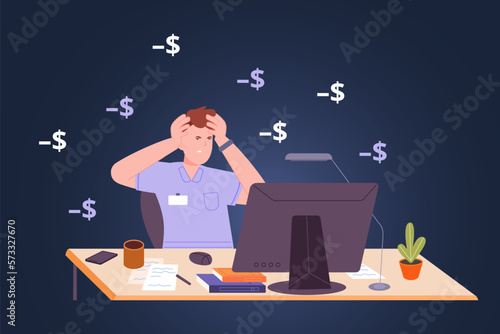 Paying stress. Sad worker financial troubles, depressed man at work desk, bad finances money budget lost bill job risks debts pay data tax rent boss bankruptcy vector illustration