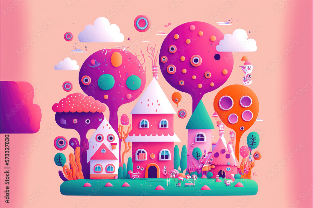 a pink and colorful landscape illustration of a house, fairytale inspired sweet cottage, generative ai technology