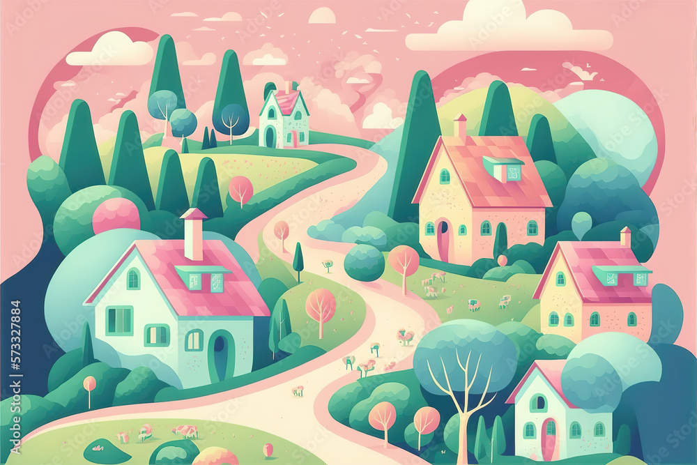 a cartoon cute illustration of a town with a long road and a lot of houses, generative ai technology