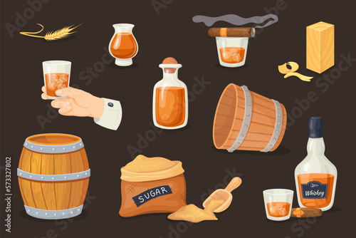 Whiskey advertisement. Cartoon whisky products, glencairn glass bourbon liquor scotch bottle man hand hold shot rum ice cube, bar wooden barrel alcohol beverage vector illustration
