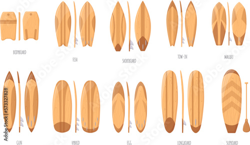 Wooden surfboards. Wood surf board types, surfboard with paddle or fish shape, hawaiian luau surfboarding collection, surfing gear set longboard side back neat vector illustration