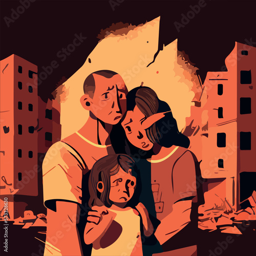 A family under a broken city for earthquake flat-style vector illustration