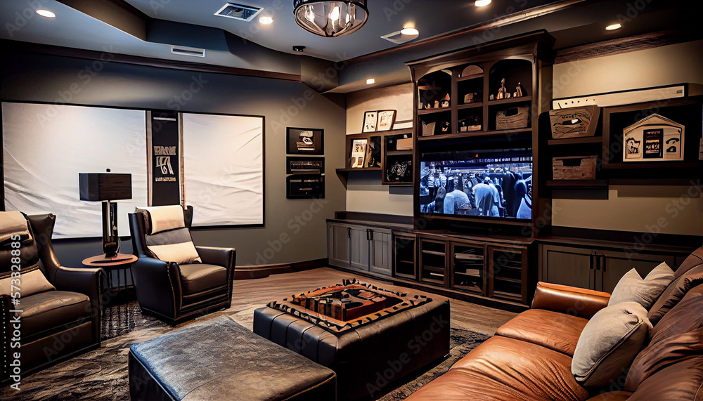 a luxurious and spacious room designed for sports enthusiasts, with a large 4K TV, comfortable leather couches, wall-mounted shelves filled with sports memorabilia, and a bar with a sink and a refrige a luxurious and spacious room designed for sports enthusiasts, with a large 4K TV, comfortable leather couches, wall-mounted shelves filled with sports memorabilia, and a bar with a sink and a refrige