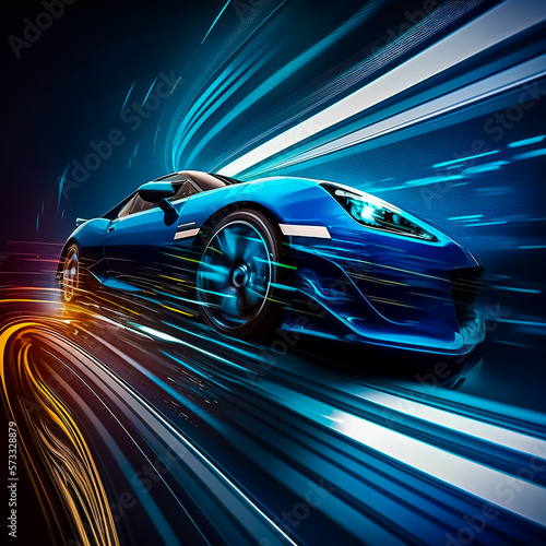Car with motion lighting background, Lights of cars with night. Speeding Sports Car On Neon Highway. Powerful acceleration of a supercar on a night track with colorful lights and trails, generative AI