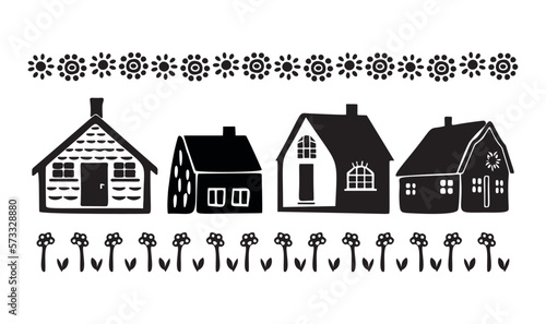Collection of cute house illustration set. Vector set of village buildings in rustic homestead style. 
