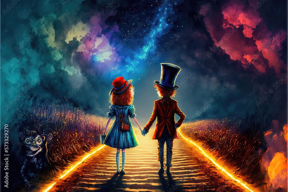 Fototapeta premium two people walking together on a fantasy road, a lot of colors, generative ai technology