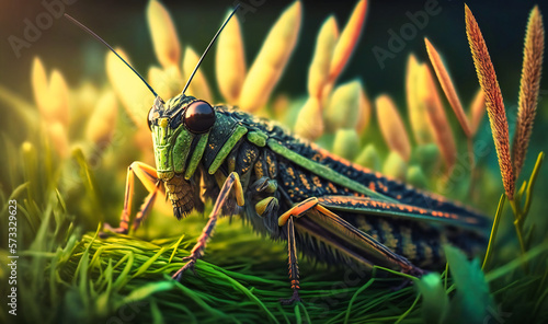 A grasshopper perched on a blade of grass, blending in with its surroundings © Nilima