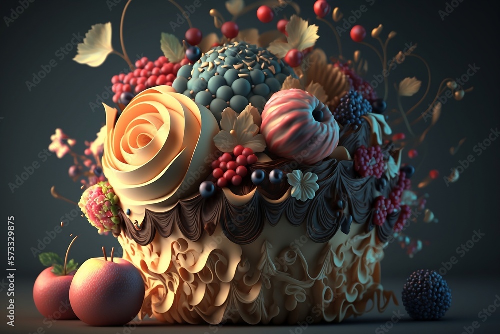 Holiday cake with berries and fruit close-up, beautiful baked cake, sweet dessert, March 8th, generative ai