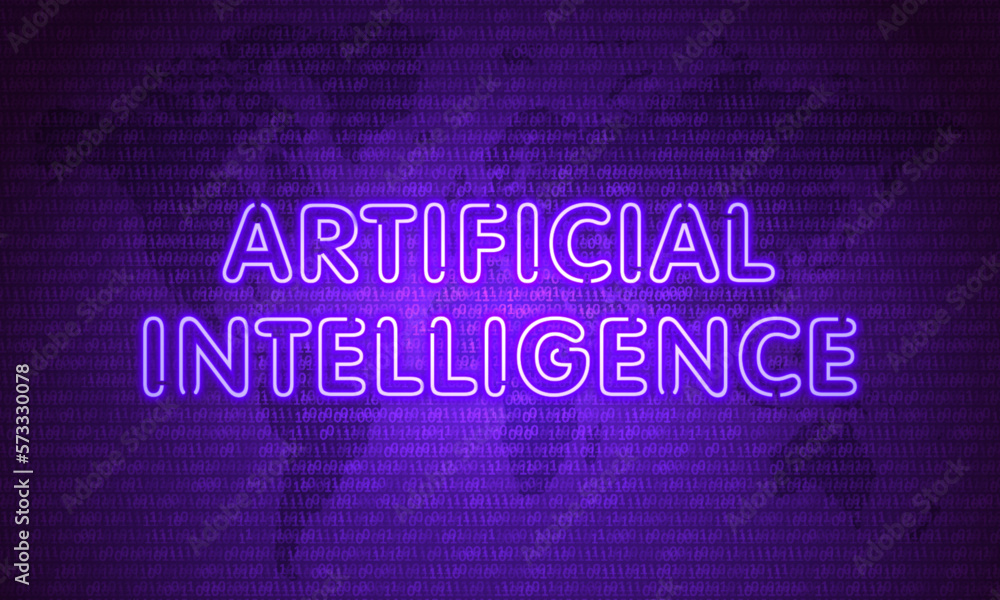 Artificial Intelligence. Neon Symbol on Purple Map Background with Binary code. Data Concept. Vintage electric signboard with bright neon lights. Technology connection. Light falls.Vector illustration