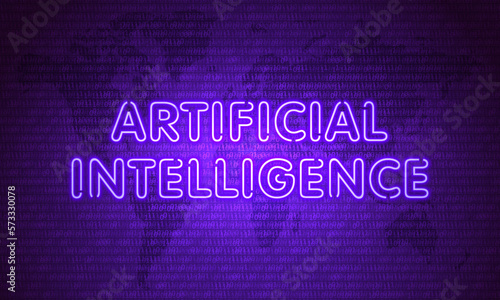 Artificial Intelligence. Neon Symbol on Purple Map Background with Binary code. Data Concept. Vintage electric signboard with bright neon lights. Technology connection. Light falls.Vector illustration