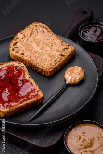 Nutritious sandwiches consisting of bread, raspberry jam and peanut butter