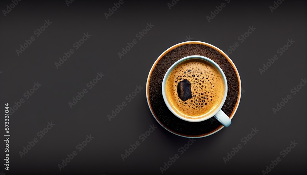 Cup of coffee on black background, Copy space, Top view, Flat lay, Panorama. Generative AI Cup of coffee on black background, Copy space, Top view, Flat lay, Panorama. Generative AI