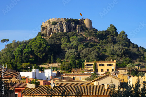 views to the Castell de Begur on top of a hill in the middle of the old town Begur in Catalonia, view over the roofs, Costa Brava, Girona, Catalonia, Spain
