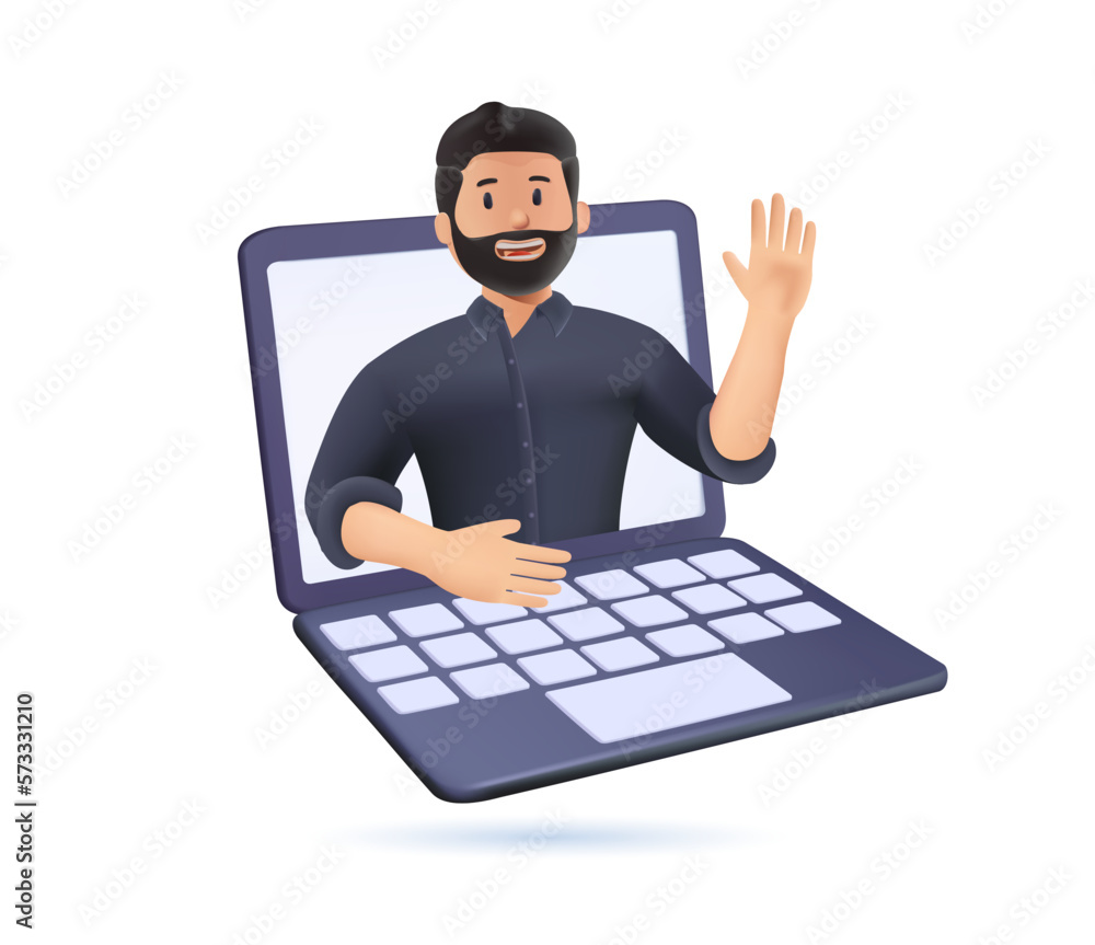 3D online communication concept with happy man. Man gesturing hi during remote virtual call. Business person on laptop 3D online communication concept with happy man. Man gesturing hi during remote virtual call. Business person on laptop
