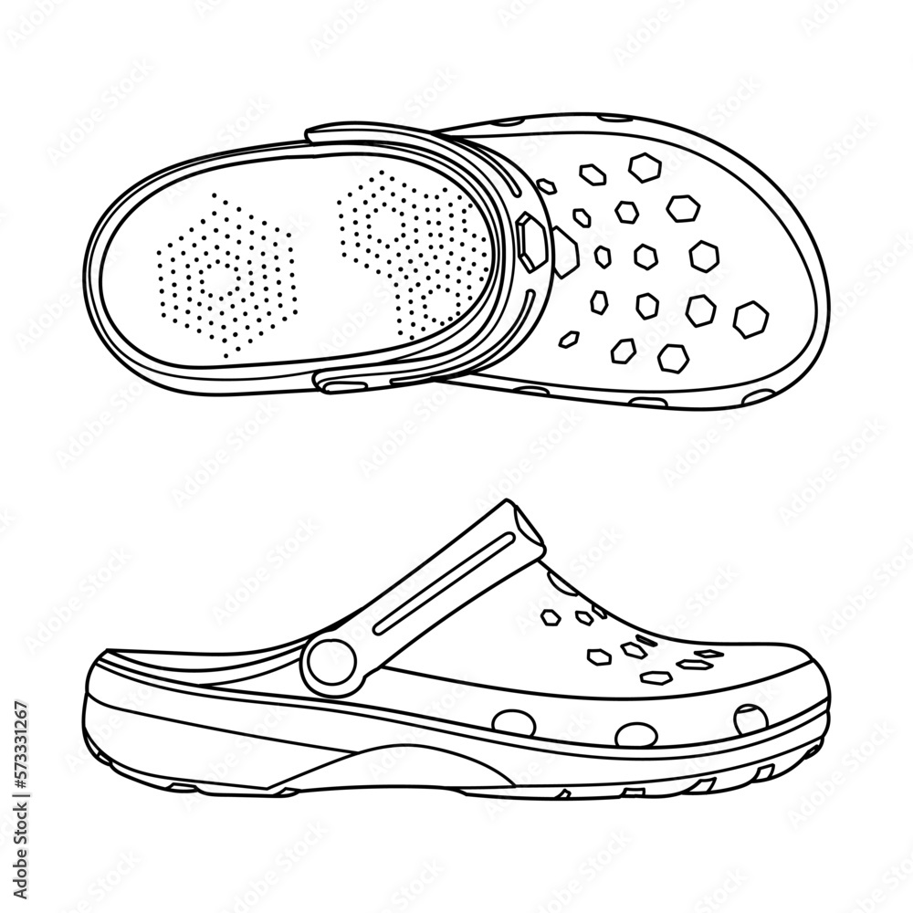 Ivano-Frankivsk, Ukraine - 16 May: Hand drawn Crocs detailed flip flop  shoes. Classic summer style. Outline doodle vector illustration. Side and  top view Stock Vector | Adobe Stock