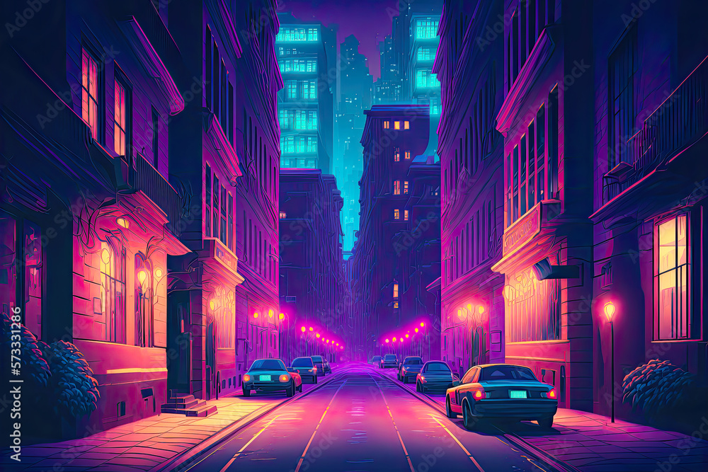 City street with cars and glowing purple night lights. Postproducted generative AI illustration.