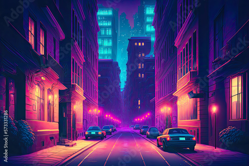 City street with cars and glowing purple night lights. Postproducted generative AI illustration. © LeArchitecto