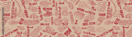 Meat seamless pattern. Hand-drawn vector illustration. Carved style. Food menu background. Sketch illustration.