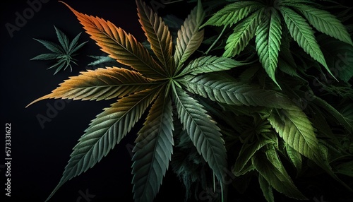 marijuana leaves cannabis on a dark background beautiful background indoor cultivation. Generative AI