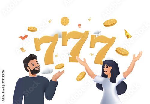 Jackpot win or Lottery win, people holding coins three sevens slot machine game 3D, money lottery, big jackpot 777. Slot