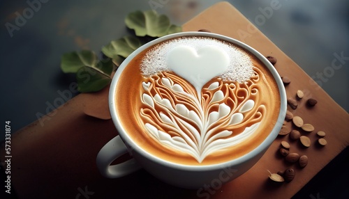 Milk foam in heart-shaped leaf tree on top of latte mugs. Generative AI