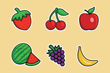 Collection of fruit stickers including grape, apple, banana, and strawberry.