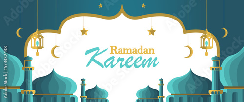 Ramadan Kareem banner featuring an Islamic background with Muslim motifs, mosque lantern, and moon.