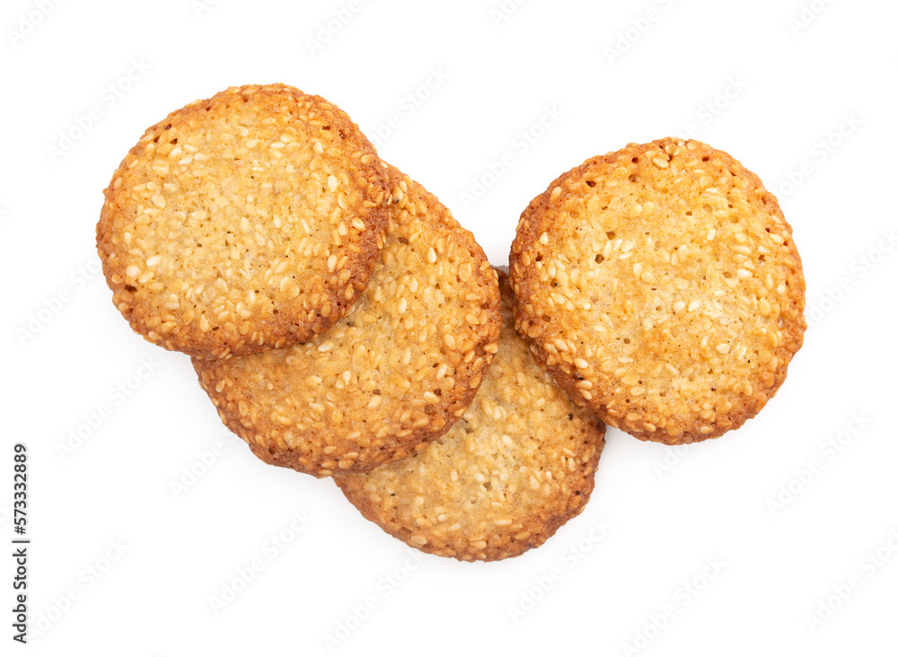 Stack of cookies with sesame isolated on a white background top view.